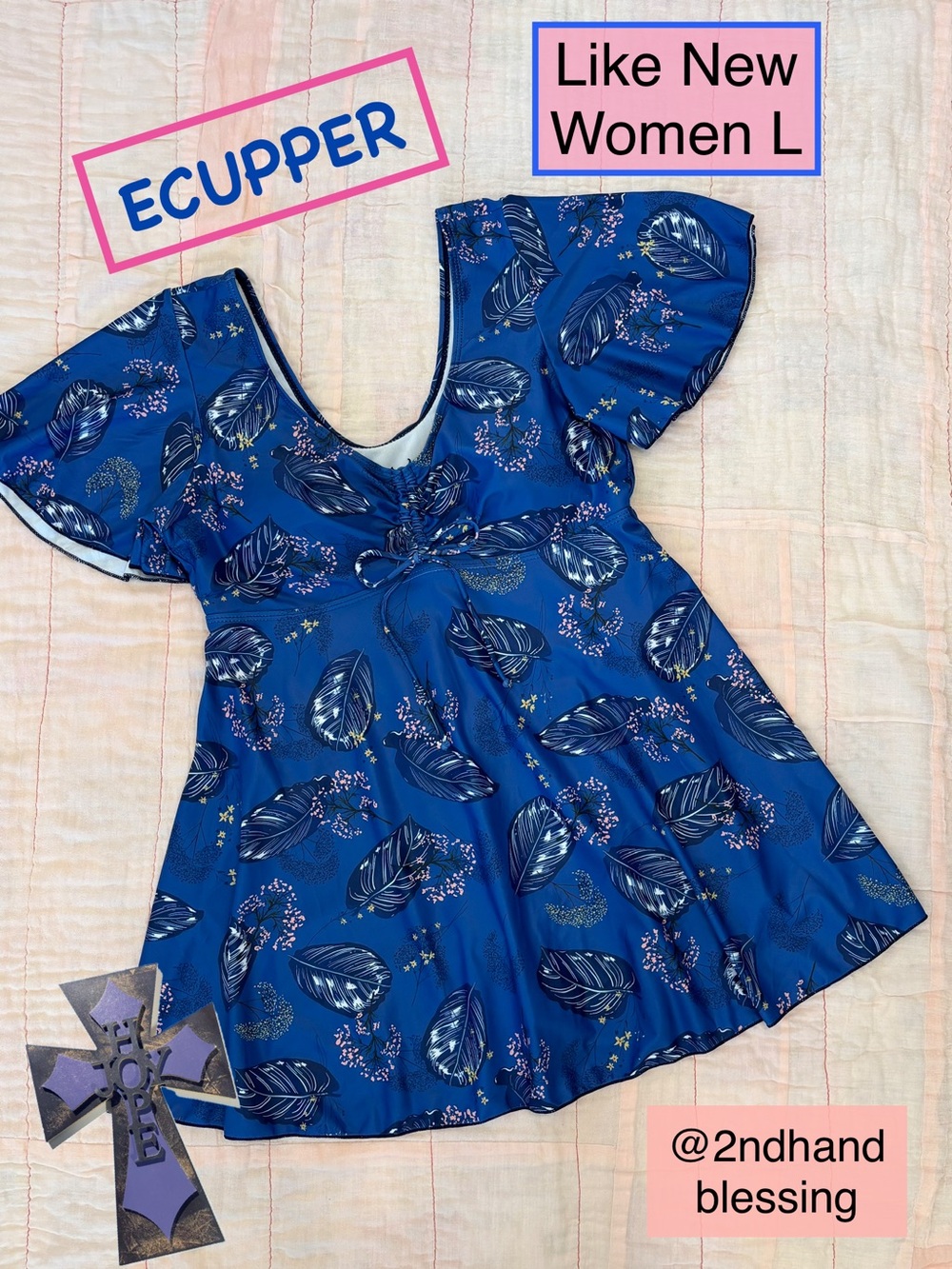 Like New ECUPPER One Piece Swim Dress Women L, Blue Tummy Control Flutter Sleeve